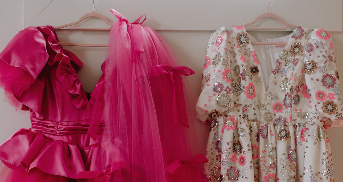 Custom pink wedding dress and sparkly reception mini dress