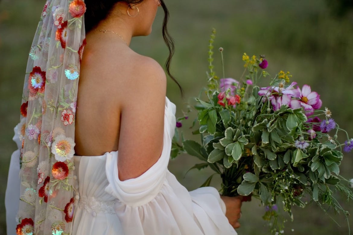 Flower wedding veil, floral veil, secret order garden veil, wildflower veil, colorful veil, botanical garden veil, green red pink vine leaves veil